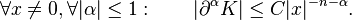  \forall x \neq 0, \forall |\alpha| \leq 1 : \qquad \left |\partial^{\alpha} K \right | \leq C |x|^{-n-\alpha}.