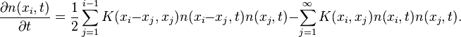 \frac{\partial n(x_i,t)}{\partial t}=\frac{1}{2}\sum^{i-1}_{j=1}
K(x_i-x_j,x_j)n(x_i-x_j,t)n(x_j,t) - \sum^\infty_{j=1}K(x_i,x_j)n(x_i,t)n(x_j,t).