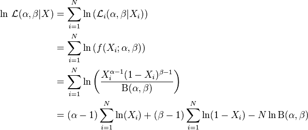 \begin{align}
\ln\, \mathcal{L} (\alpha, \beta|X) &= \sum_{i=1}^N \ln \left (\mathcal{L}_i (\alpha, \beta|X_i) \right )\\
&= \sum_{i=1}^N \ln \left (f(X_i;\alpha,\beta) \right ) \\
&= \sum_{i=1}^N \ln \left (\frac{X_i^{\alpha-1}(1-X_i)^{\beta-1}}{\Beta(\alpha,\beta)} \right ) \\
&= (\alpha - 1)\sum_{i=1}^N \ln (X_i) + (\beta- 1)\sum_{i=1}^N  \ln (1-X_i) - N \ln \Beta(\alpha,\beta) 
\end{align}