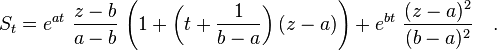 S_t=e^{at}\ \frac{z-b}{a-b}\ \Bigg(1+\left(t+\frac{1}{b-a}\right)(z-a)\Bigg)+e^{bt}\ \frac{(z-a)^2}{(b-a)^2}\quad.