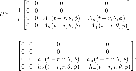 
\begin{align}
\bar{h}^{\alpha \beta} &=
\frac{1}{r}\, \begin{bmatrix}
0 & 0 & 0 & 0 \\
0 & 0 & 0 & 0 \\
0 & 0 & A_{+}(t-r,\theta,\phi) & A_{\times}(t-r,\theta,\phi) \\
0 & 0 & A_{\times}(t-r,\theta,\phi) & -A_{+}(t-r,\theta,\phi)
\end{bmatrix} \\
\\
&\equiv
\begin{bmatrix}
0 & 0 & 0 & 0 \\
0 & 0 & 0 & 0 \\
0 & 0 & h_{+}(t-r,r,\theta,\phi) & h_{\times}(t-r,r,\theta,\phi) \\
0 & 0 & h_{\times}(t-r,r,\theta,\phi) & -h_{+}(t-r,r,\theta,\phi)
\end{bmatrix},
\end{align}
