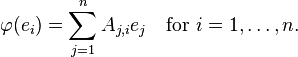 \varphi(e_i) = \sum_{j = 1}^n A_{j,i} e_j \quad\text{for }i=1,\ldots,n.