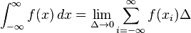 \int_{-\infty}^{\infty} f(x)\, dx = \lim_{\Delta \to 0} \sum_{i = -\infty}^{\infty} f(x_i) \Delta