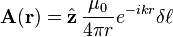  \mathbf{A}(\mathbf{r}) = \hat\mathbf{z} \, \frac{\mu_0}{4\pi r} e^{-i k r} \delta \ell 