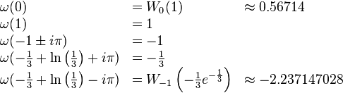 
\begin{array}{lll}
\omega(0) &= W_0(1) &\approx 0.56714 \\
\omega(1) &= 1 & \\
\omega(-1 \pm i \pi) &= -1 & \\
\omega(-\frac{1}{3} + \ln \left ( \frac{1}{3} \right ) + i \pi ) &= -\frac{1}{3} & \\
\omega(-\frac{1}{3} + \ln \left ( \frac{1}{3} \right ) - i \pi ) &= W_{-1} \left ( -\frac{1}{3} e^{-\frac{1}{3}} \right ) &\approx -2.237147028 \\
\end{array}
