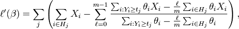 
\ell^\prime(\beta) = \sum_j \left(\sum_{i\in H_j} X_i -\sum_{\ell=0}^{m-1}\frac{\sum_{i:Y_i\ge t_j}\theta_iX_i - \frac{\ell}{m}\sum_{i\in H_j}\theta_iX_i}{\sum_{i:Y_i\ge t_j}\theta_i - \frac{\ell}{m}\sum_{i\in H_j}\theta_i}\right),
