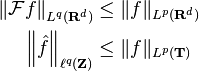 \begin{align}
\left \|\mathcal{F}f \right \|_{L^{q}(\mathbf{R}^d)} &\leq \|f\|_{L^p(\mathbf{R}^d)} \\
\left \|\hat{f} \right \|_{\ell^{q}(\mathbf{Z})} &\leq \|f\|_{L^p(\mathbf{T})}
\end{align}