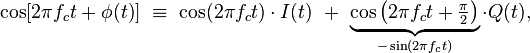 \cos[2\pi f_c t + \phi(t)]\ \equiv \ \cos(2\pi f_c t)\cdot I(t)\ +\ \underbrace{\cos\left(2\pi f_c t + \tfrac{\pi}{2} \right)}_{-\sin(2\pi f_c t)} \cdot Q(t),