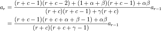 \begin{align} 
 a_r    &= \frac{(r + c - 1)(r + c - 2) + (1 + \alpha + \beta)(r + c - 1) + \alpha\beta} {(r + c)(r + c - 1) + \gamma(r + c)} a_{r - 1} \\ 
    &= \frac{(r + c -1)(r + c + \alpha + \beta - 1) + \alpha\beta}{(r + c)(r + c + \gamma - 1)} a_{r - 1}
\end{align}