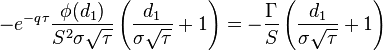  -e^{-q \tau} \frac{\phi(d_1)}{S^2 \sigma \sqrt{\tau}} \left(\frac{d_1}{\sigma \sqrt{\tau}} + 1\right) = -\frac{\Gamma}{S}\left(\frac{d_1}{\sigma\sqrt{\tau}}+1\right) \, 