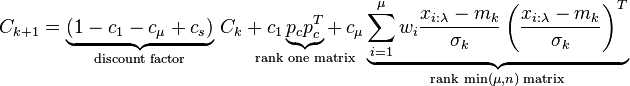 
  C_{k+1} = \underbrace{(1 - c_1 - c_\mu + c_s)}_{\!\!\!\!\!\text{discount factor}\!\!\!\!\!}
               \, C_k + c_1 \underbrace{p_c p_c^T}_{
   \!\!\!\!\!\!\!\!\!\!\!\!\!\!\!\!
   \text{rank one matrix}
   \!\!\!\!\!\!\!\!\!\!\!\!\!\!\!\!} 
         + \,c_\mu \underbrace{\sum_{i=1}^\mu w_i \frac{x_{i:\lambda} - m_k}{\sigma_k} 
             \left( \frac{x_{i:\lambda} - m_k}{\sigma_k} \right)^T}_{
                     \text{rank} \;\min(\mu,n)\; \text{matrix}}
  