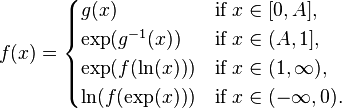  f (x) =
\begin{cases}
g (x) & \mbox{if } x \in [0,A], \\
\exp (g^{-1} (x)) & \mbox{if } x \in (A,1], \\
\exp (f ( \ln (x))) & \mbox{if } x \in (1,\infty), \\
\ln (f ( \exp (x))) & \mbox{if } x \in (-\infty,0). \\
\end{cases}
