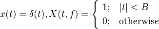 x(t)=\delta(t), X(t,f)=\begin{cases}
\ 1; & |t|< B \\
\ 0; & \text{otherwise}
\end{cases}