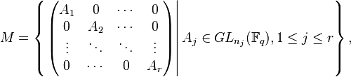 M = \left \{\left.\begin{pmatrix}A_1 & 0 & \cdots & 0 \\ 0 & A_2 & \cdots & 0 \\ \vdots & \ddots & \ddots & \vdots \\ 0 & \cdots & 0 & A_r\end{pmatrix}\right|A_j \in GL_{n_j}(\mathbb{F}_q), 1 \le j \le r \right \},