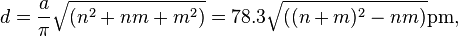  d = \frac{a}{\pi} \sqrt{(n^2 + nm + m^2)}=78.3 \sqrt{((n+m)^2-nm)} \rm pm,