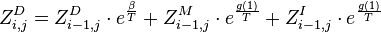 Z^{D}_{i,j} = Z^{D}_{i-1,j} \cdot e^{\frac{\beta}{T}} + Z^{M}_{i-1,j} \cdot e^{\frac{g(1)}{T}} + Z^{I}_{i-1,j} \cdot e^{\frac{g(1)}{T}}