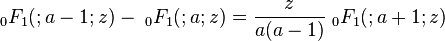  \; {}_0F_1(;a-1;z)- \; {}_0F_1(;a;z) = \frac{z}{a(a-1)} \; {}_0F_1(;a+1;z)