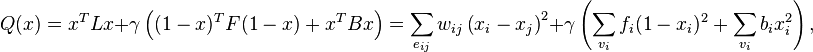 Q(x) = x^T L x  + \gamma \left((1-x)^T F (1-x) + x^T B x\right) = \sum_{e_{ij}} w_{ij} \left(x_i - x_j\right)^2 + \gamma \left(\sum_{v_i} f_i (1-x_i)^2 + \sum_{v_i} b_i x_i^2 \right),