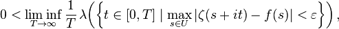  0 <
\liminf_{T\to\infty} \frac{1}{T}
\,\lambda\!\left( \left\{
t\in[0,T] \mid \max_{s\in U} \left| \zeta(s+it)-f(s) \right| < \varepsilon
\right\} \right)
,