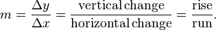 m = \frac{\Delta y}{\Delta x} = \frac{\text{vertical} \, \text{change} }{\text{horizontal} \, \text{change} }= \frac{\text{rise}}{\text{run}}.