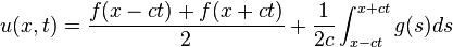 u(x,t) = \frac{f(x-ct) + f(x+ct)}{2} + \frac{1}{2c} \int_{x-ct}^{x+ct} g(s) ds