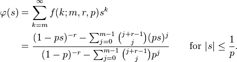 \begin{align}\varphi(s)&=\sum_{k=m}^\infty f(k;m,r,p)s^k\\
&=\frac{(1-ps)^{-r}-\sum_{j=0}^{m-1}\binom{j+r-1}j (ps)^j}
{(1-p)^{-r}-\sum_{j=0}^{m-1}\binom{j+r-1}j p^j}
\qquad\text{for } |s|\le\frac1p.\end{align}