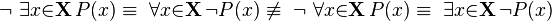 \lnot\ \exists{x}{\in}\mathbf{X}\, P(x) \equiv\ \forall{x}{\in}\mathbf{X}\, \lnot P(x) \not\equiv\ \lnot\ \forall{x}{\in}\mathbf{X}\, P(x) \equiv\ \exists{x}{\in}\mathbf{X}\, \lnot P(x)