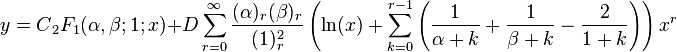 y = C {{}_2 F_1}(\alpha, \beta; 1; x)+ D \sum_{r = 0}^\infty \frac{(\alpha)_r (\beta)_r}{(1)_r^2} \left(\ln(x) + \sum_{k = 0}^{r - 1} \left(\frac{1}{\alpha + k} + \frac{1}{\beta + k} - \frac{2}{1 + k} \right) \right) x^r