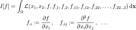 
   \begin{align}
     I[f] & = \int_{\Omega} \mathcal{L}(x_1, x_2, f, f_{,1}, f_{,2}, f_{,11}, f_{,12}, f_{,22},
                                        \dots, f_{,22\dots 2})\, \mathrm{d}\mathbf{x} \\
     & \qquad \quad
        f_{,i} := \cfrac{\partial f}{\partial x_i} \; , \quad
        f_{,ij} := \cfrac{\partial^2 f}{\partial x_i\partial x_j} \; , \;\; \dots
   \end{align}
