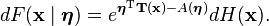 dF(\mathbf{x}\mid\boldsymbol\eta) = e^{\boldsymbol\eta^{\rm T} \mathbf{T}(\mathbf{x}) - A(\boldsymbol\eta)} dH(\mathbf{x}).