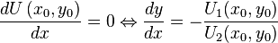 \frac{dU\left(x_0,y_0\right)}{dx} = 0\Leftrightarrow\frac{dy}{dx}=-\frac{U_1(x_0,y_0)}{U_2(x_0,y_0)}