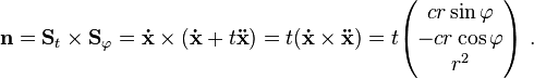 \mathbf n =\mathbf S_t\times\mathbf S_\varphi=\mathbf \dot x\times(\mathbf \dot x+t\mathbf \ddot x)=t(\mathbf \dot x\times\mathbf \ddot x)=t
\begin{pmatrix}
cr\sin\varphi\\
-cr\cos\varphi\\
r^2
\end{pmatrix}\ .