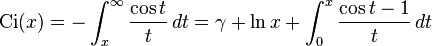 \operatorname{Ci}(x) = -\int_x^\infty \frac{\cos t}{t}\,dt = \gamma + \ln x + \int_0^x \frac{\cos t - 1}{t}\,dt