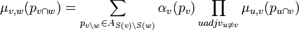 \mu _{v,w} (p_{v \cap w}) =  \sum _{p _{v \setminus w} \in A _{S(v) \setminus S(w)}} \alpha _{v} (p _{v})  \prod _{u adj v _{u \neq v}} \mu _{u,v} (p _{u \cap v})