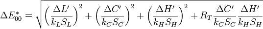 \Delta E_{00}^* = \sqrt{ \left(\frac{\Delta L'}{k_L S_L}\right)^2 + \left(\frac{\Delta C'}{k_C S_C}\right)^2 + \left(\frac{\Delta H'}{k_H S_H}\right)^2 + R_T \frac{\Delta C'}{k_C S_C}\frac{\Delta H'}{k_H S_H} }