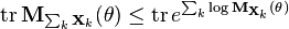  \operatorname{tr} \mathbf{M}_{\sum_k \mathbf{X}_k} (\theta)
\leq \operatorname{tr} e^{\sum_k \log \mathbf{M}_{\mathbf{X}_k} (\theta)} 