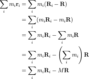 \begin{align}\sum_i m_i\mathbf{r}_i &= \sum_i m_i(\mathbf{R}_i - \mathbf{R})\\
&= \sum_i (m_i\mathbf{R}_i - m_i\mathbf{R})\\
&= \sum_i m_i\mathbf{R}_i - \sum_i m_i\mathbf{R}\\
&= \sum_i m_i\mathbf{R}_i - \left ( \sum_i m_i \right ) \mathbf{R}\\
&= \sum_i m_i\mathbf{R}_i - M\mathbf{R}
\end{align}