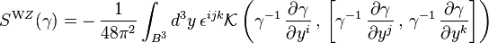 S^{\mathrm WZ}(\gamma) = - \, \frac{1}{48\pi^2} \int_{B^3} d^3y\, 
\epsilon^{ijk} \mathcal{K} \left( 
\gamma^{-1} \, \frac {\partial \gamma} {\partial y^i} \, , \, 
\left[
\gamma^{-1} \, \frac {\partial \gamma} {\partial y^j} \, , \,
\gamma^{-1} \, \frac {\partial \gamma} {\partial y^k}
\right]
\right)