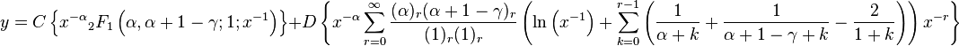  y=C \left \{ x^{-\alpha} {}_2F_1 \left (\alpha, \alpha +1-\gamma ; 1; x^{-1} \right ) \right \} +D \left \{ x^{-\alpha} \sum_{r=0}^{\infty} \frac{(\alpha )_{r}(\alpha +1-\gamma )_{r}}{(1)_{r} (1)_{r}} \left( \ln \left (x^{-1} \right )+\sum_{k=0}^{r-1} \left( \frac{1}{\alpha +k}+\frac{1}{\alpha +1-\gamma +k}-\frac{2}{1+k} \right) \right) x^{-r} \right \}