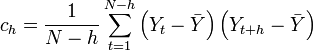 
c_h = \frac{1}{N-h}\sum_{t=1}^{N-h} \left(Y_t - \bar{Y}\right)\left(Y_{t+h} - \bar{Y}\right)
