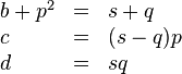 
  \begin{array}{lcl}
   b + p^2 & = & s + q \\
   c & = & (s - q) p \\
   d & = & sq
  \end{array}
 