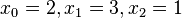 x_0=2, x_1=3, x_2=1