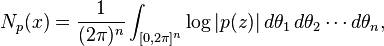 N_p(x)=\frac{1}{(2\pi)^n}\int_{[0, 2\pi]^n}\log|p(z)| \,d\theta_1\,d\theta_2 \cdots d\theta_n,