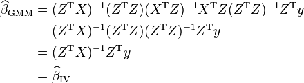 
\begin{align}
\widehat{\beta}_\mathrm{GMM} &= (Z^\mathrm{T} X)^{-1}(Z^\mathrm{T} Z)(X^\mathrm{T} Z)^{-1}X^\mathrm{T} Z(Z^\mathrm{T} Z)^{-1}Z^\mathrm{T} y\\
&=  (Z^\mathrm{T} X)^{-1}(Z^\mathrm{T} Z)(Z^\mathrm{T} Z)^{-1}Z^\mathrm{T} y\\
&=(Z^\mathrm{T} X)^{-1}Z^\mathrm{T}y \\
&=\widehat{\beta}_\mathrm{IV}
\end{align}
