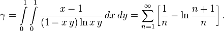 \gamma = \int\limits_0^1 \int\limits_0^1 \frac{x-1}{(1-x\,y)\ln x\,y}\,dx\,dy = \sum_{n=1}^\infty \left[\frac1{n}-\ln\frac{n+1}{n}\right].