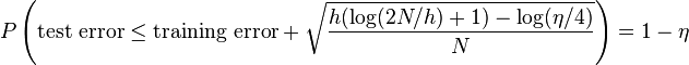 
   P \left(\text{test error} \leq \text{training error} + \sqrt{h(\log(2N/h)+1)-\log(\eta/4)\over N} \right) = 1 - \eta
