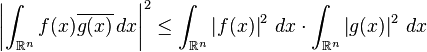 \left|\int_{\mathbb{R}^n} f(x) \overline{g(x)}\,dx\right|^2\leq\int_{\mathbb{R}^n} \left|f(x)\right|^2\,dx \cdot \int_{\mathbb{R}^n}\left|g(x)\right|^2\,dx