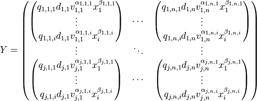 
Y = \begin{pmatrix} \begin{pmatrix} 
q_{1,1,1} d_{1,1} v_{1,1}^{\alpha_{1,1,1}} x_{1}^{\beta_{1,1,1}} \\ \vdots \\ q_{1,1,i} d_{1,1} v_{1,1}^{\alpha_{1,1,i}} x_{i}^{\beta_{1,1,i}} 
\end{pmatrix} & \cdots & \begin{pmatrix}
q_{1,n,1} d_{1,n} v_{1,n}^{\alpha_{1,n,1}} x_{1}^{\beta_{1,n,1}} \\ \vdots \\ q_{1,n,i} d_{1,n} v_{1,n}^{\alpha_{1,n,i}} x_{i}^{\beta_{1,n,i}} 
\end{pmatrix} \\ \vdots & \ddots & \vdots \\ \begin{pmatrix} 
q_{j,1,1} d_{j,1} v_{j,1}^{\alpha_{j,1,1}} x_{1}^{\beta_{j,1,1}} \\ \vdots \\ q_{j,1,i} d_{j,1} v_{j,1}^{\alpha_{j,1,i}} x_{i}^{\beta_{j,1,i}} 
\end{pmatrix} & \cdots & \begin{pmatrix}
q_{j,n,1} d_{j,n} v_{j,n}^{\alpha_{j,n,1}} x_{1}^{\beta_{j,n,1}} \\ \vdots \\ q_{j,n,i} d_{j,n} v_{j,n}^{\alpha_{j,n,i}} x_{i}^{\beta_{j,n,i}} 
\end{pmatrix} \end{pmatrix}
