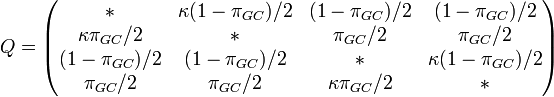 Q= \begin{pmatrix} {*} & {\kappa(1-\pi_{GC})/2} & {(1-\pi_{GC})/2} & {(1-\pi_{GC})/2} \\ {\kappa\pi_{GC}/2} & {*} & {\pi_{GC}/2} & {\pi_{GC}/2} \\ {(1-\pi_{GC})/2} & {(1-\pi_{GC})/2} & {*} & {\kappa(1-\pi_{GC})/2} \\ {\pi_{GC}/2} & {\pi_{GC}/2} & {\kappa\pi_{GC}/2} & {*}  \end{pmatrix}