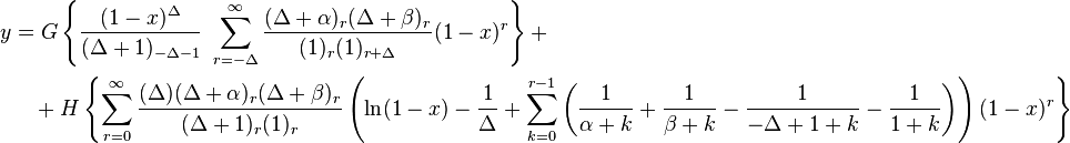 \begin{align}
 y &= G \left \{ \frac{(1 - x)^{\Delta}}{(\Delta+1)_{-\Delta - 1}} \ \sum_{r = -\Delta}^\infty \frac{(\Delta + \alpha )_r (\Delta + \beta)_r}{(1)_r (1)_{r + \Delta}} (1 - x)^r \right \} + \\ 
&\quad + H \left \{ \sum_{r = 0}^\infty \frac{(\Delta)(\Delta + \alpha)_r (\Delta + \beta)_r}{(\Delta + 1)_r (1)_r}\left (\ln(1 - x) - \frac{1}{\Delta} + \sum_{k = 0}^{r - 1} \left(\frac{1}{\alpha + k} + \frac{1}{\beta + k} - \frac{1}{-\Delta + 1 + k} - \frac{1}{1 + k} \right)\right ) (1 - x)^r \right \} 
\end{align}